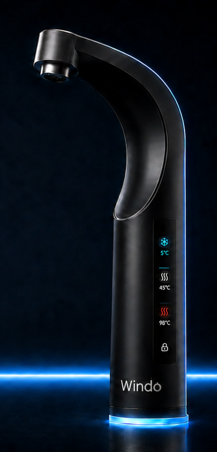 Matte-black Windo three-temperature faucet with side touchscreen and blue LED base